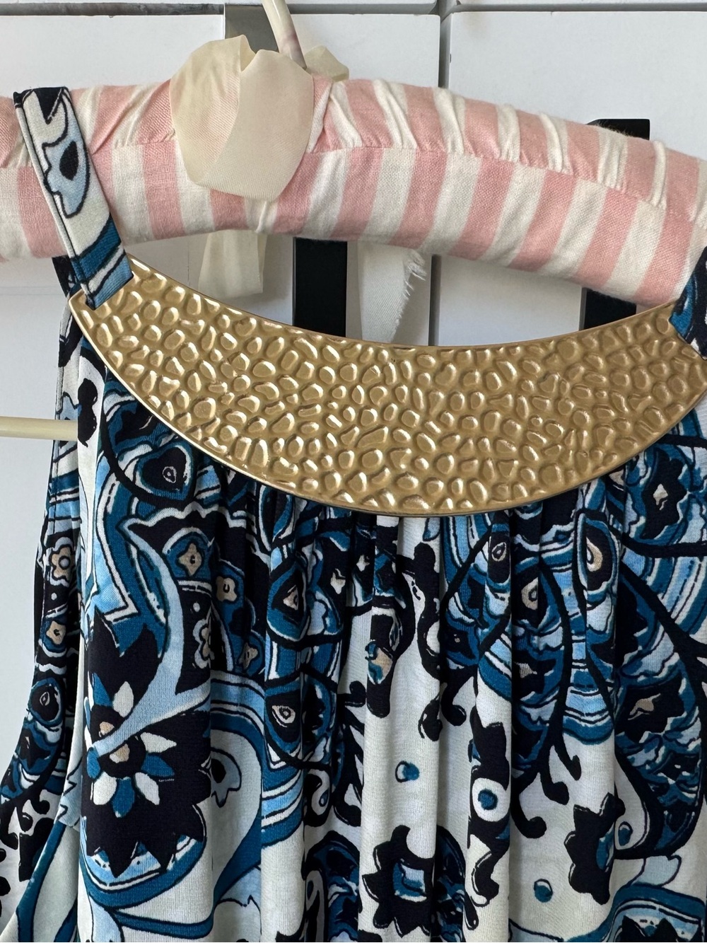 Michael Kors Maxi Dress Heritage Blue Paisley with Metal Neckline - Size S